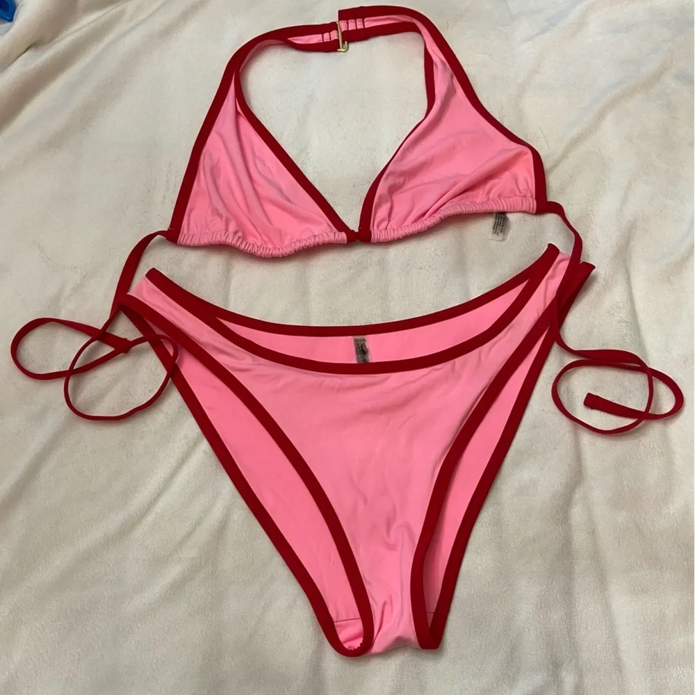 New! Frankie’s Bikinis x PINK Pink and Red halter Bikini 3989